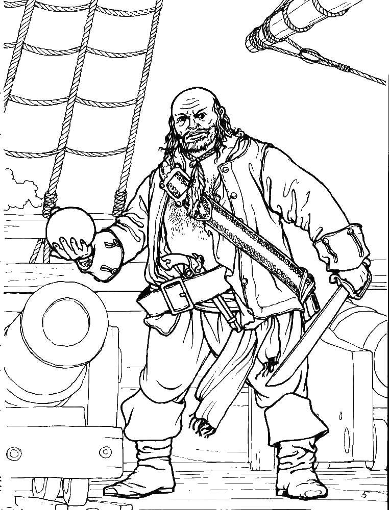 Раскраска с изображением пиратов на корабле и сокровищ (пираты, корабль, сокровища)