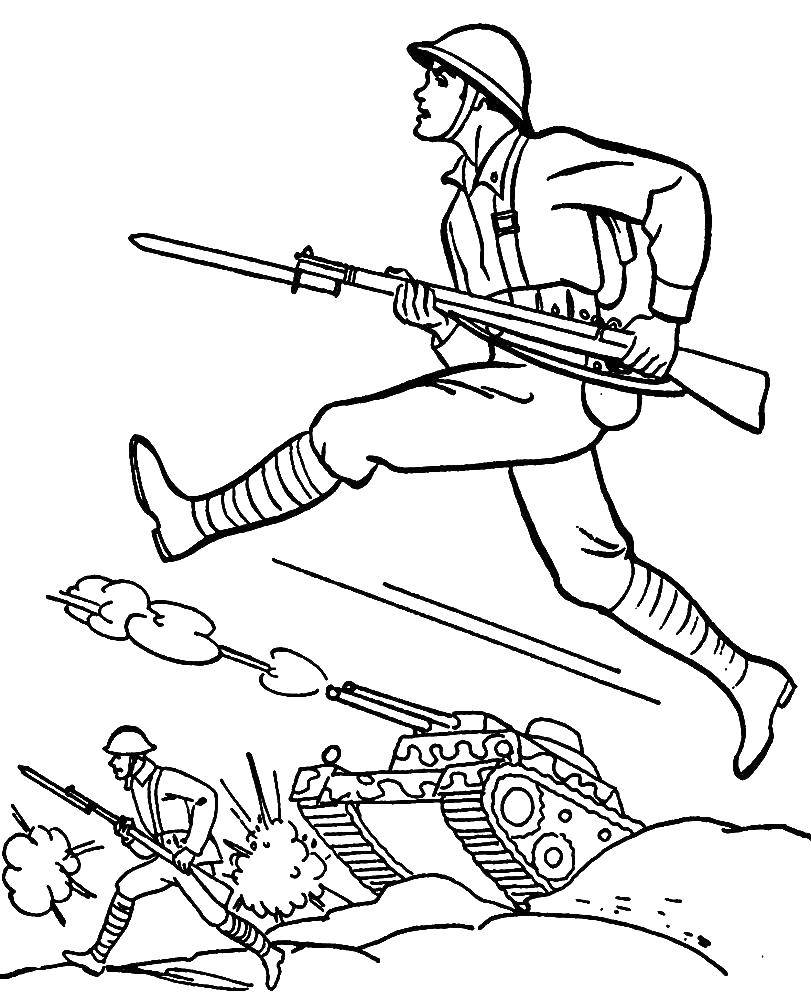 Раскраска с изображением танка и солдат (бой, танк, развивающие)