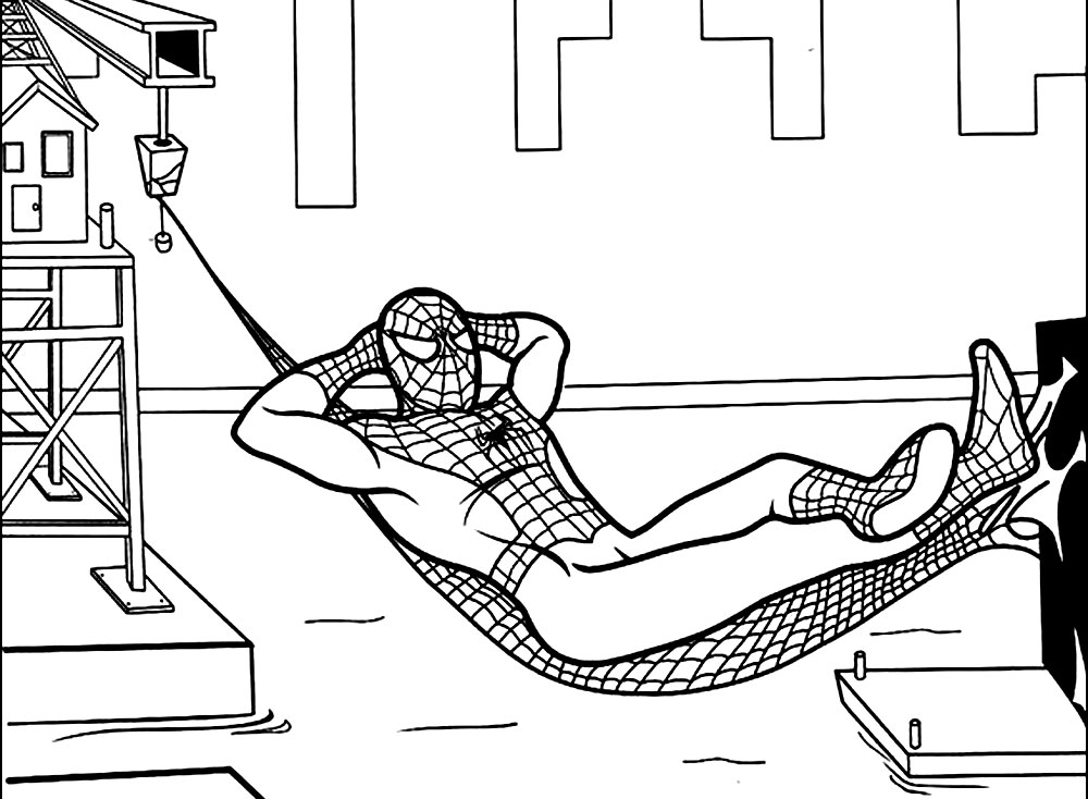 Человек-паук отдыхает на гамаке - раскраски для мальчиков (Человек-паук)