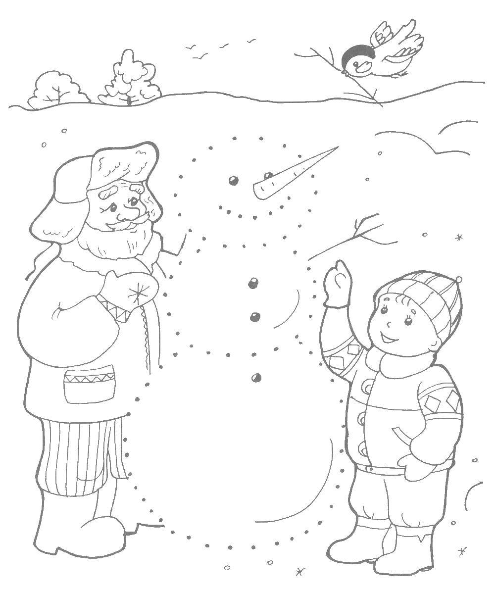 Дед, мальчик и снеговик на раскраске для малышей (снеговик)
