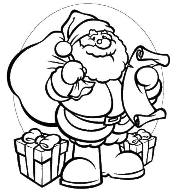 Раскраска на Рождество: Дед Мороз, мешок и подарки (подарки)