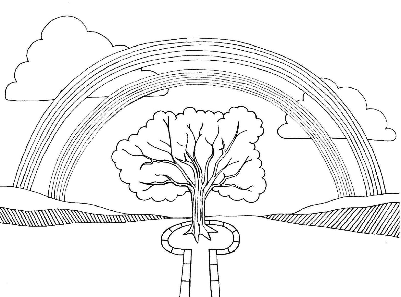 Раскраска с изображением Радуги дерева, облаков и радуги для детей (дерево, облако)