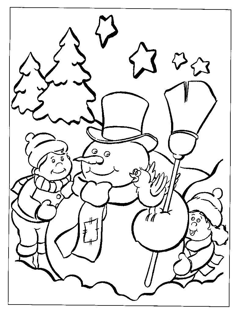 Раскраска со снеговиком на зимнюю тематику для маленьких детей (снеговик, дети)