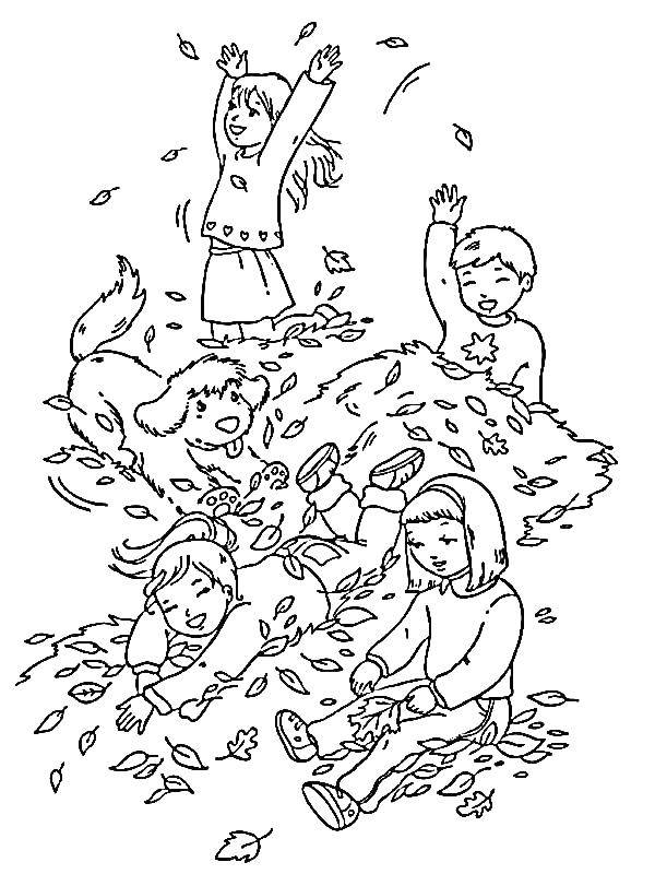 Раскраска на осеннюю тематику с листьями и листвой для детей (листья, дети)