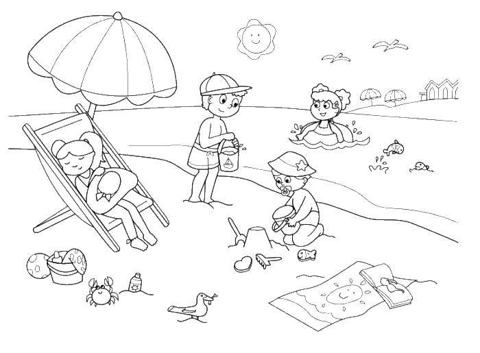 Раскраска для детей на тему Лето с изображением моря, песка и солнца (дети, солнце)