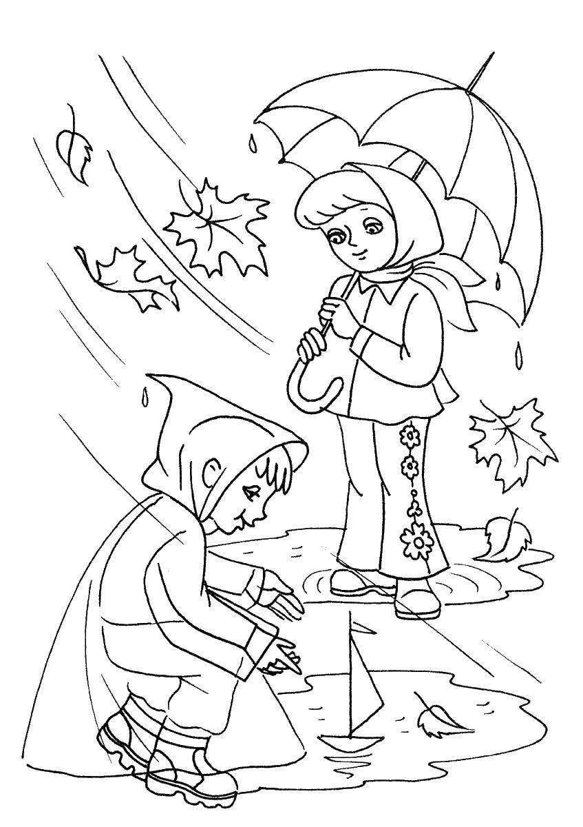 Раскраска осеннего листа под дождем для развивающих занятий детей (осень, дети, дождь, цвета)
