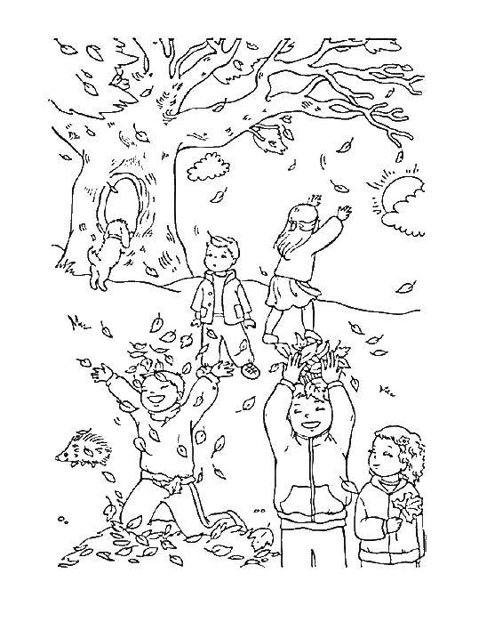 Раскраска с листьями на тему осени для детей (дети, листья)