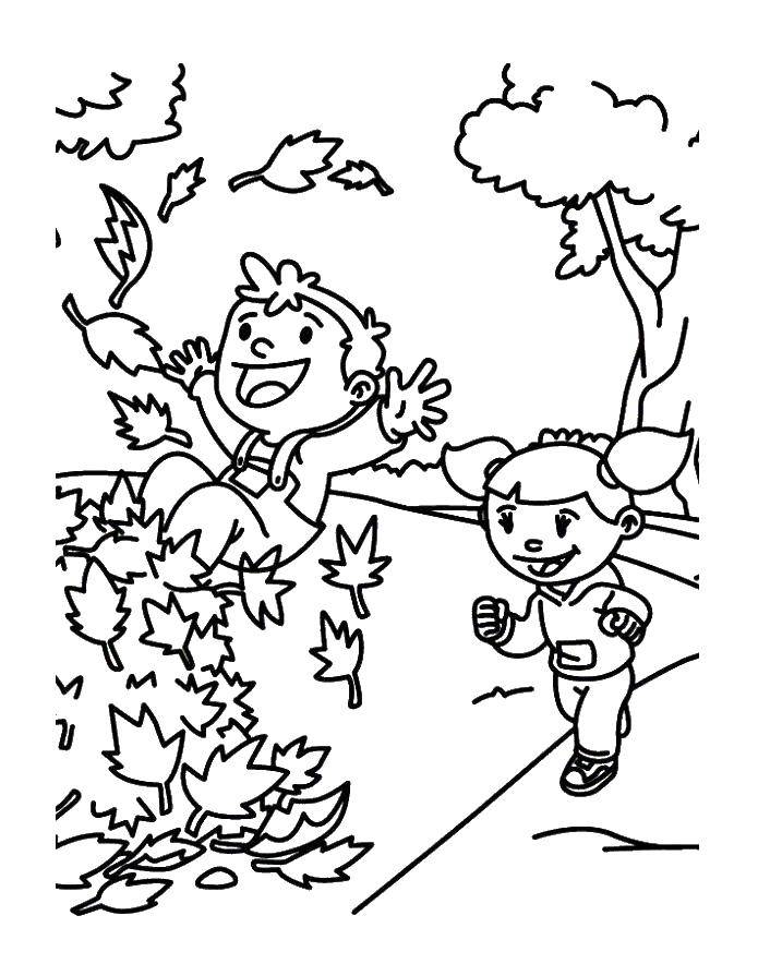 Раскраска на осеннюю тему с листьями и весельем (листья, веселье, дети, увлекательные, рисунки)