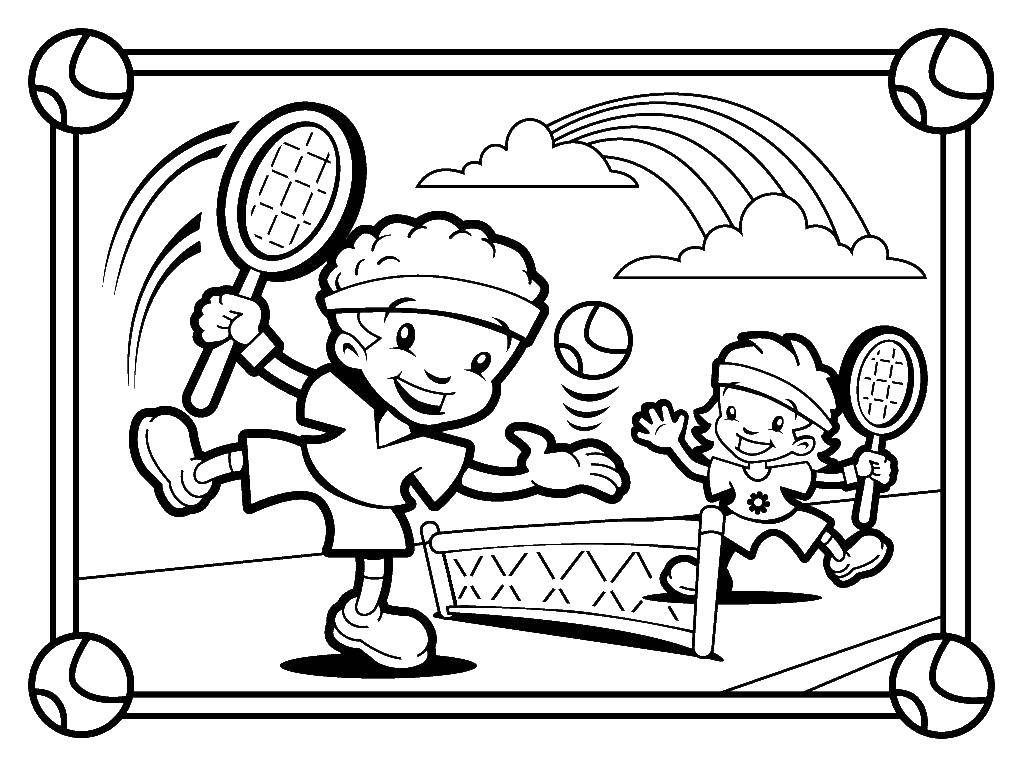 Раскраска детей, играющих в теннис (дети, теннис)