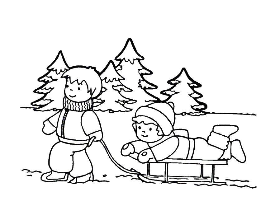Раскраска с санками и зимними забавами (дети, санки, забавы)