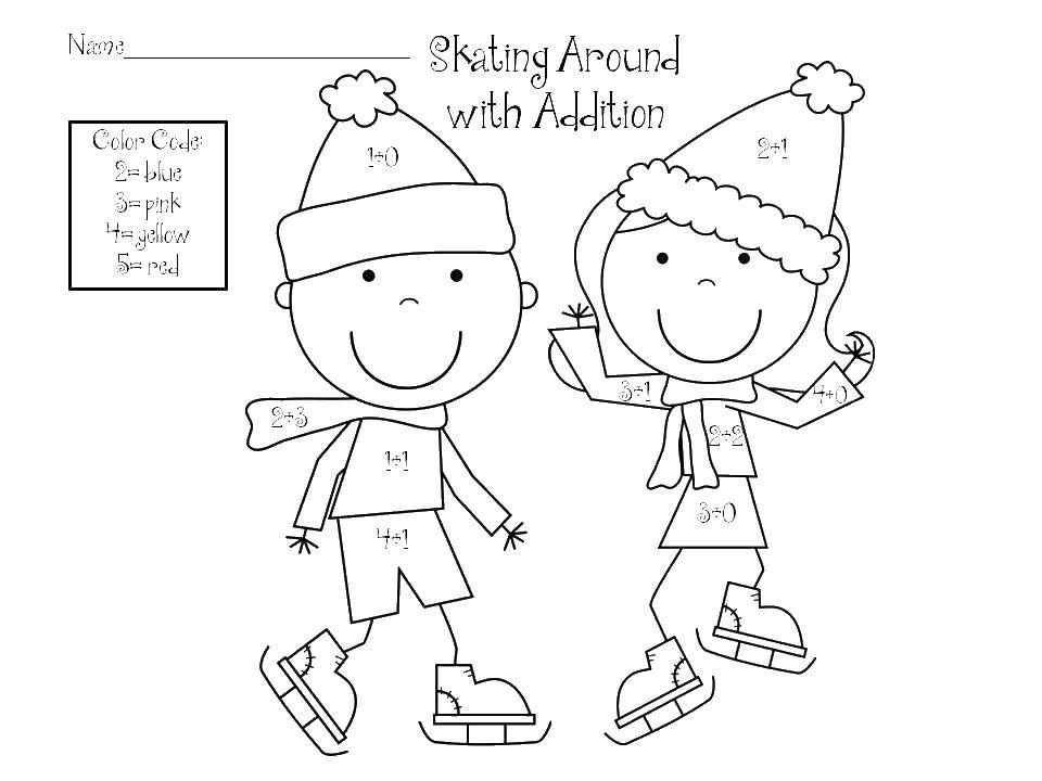 Математические раскраски для мальчиков и девочек: коньки шапки (коньки, шапки, числа)
