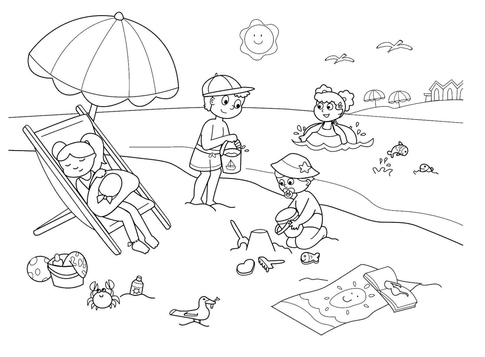 Раскраска на тему лето для детей пляже (дети, лето)