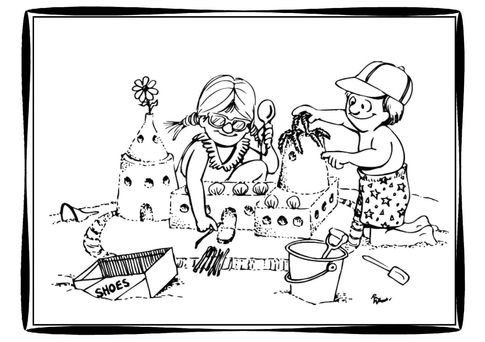 Раскраска Летнего пляжа - мальчик и девочка строят замок из песка, лопаткой ведром (дети, замок, ведро)