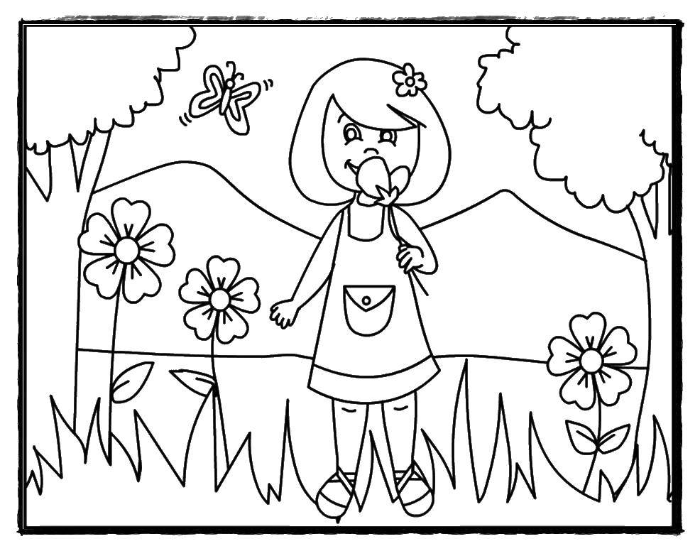 Раскраска на летнюю тематику для девочек: цветы, платье, бабочка (цветы, платья, бабочки)