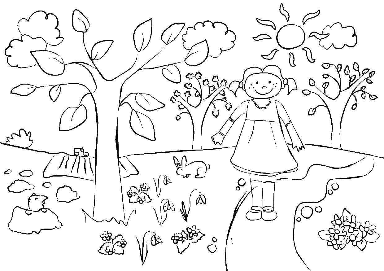 Раскраска весеннего леса с животными и цветами (весна, цветы)