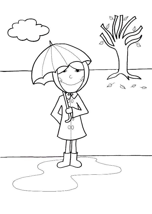 Раскраска девочки с зонтом в дождливую осеннюю погоду (осень, девочка, зонт)
