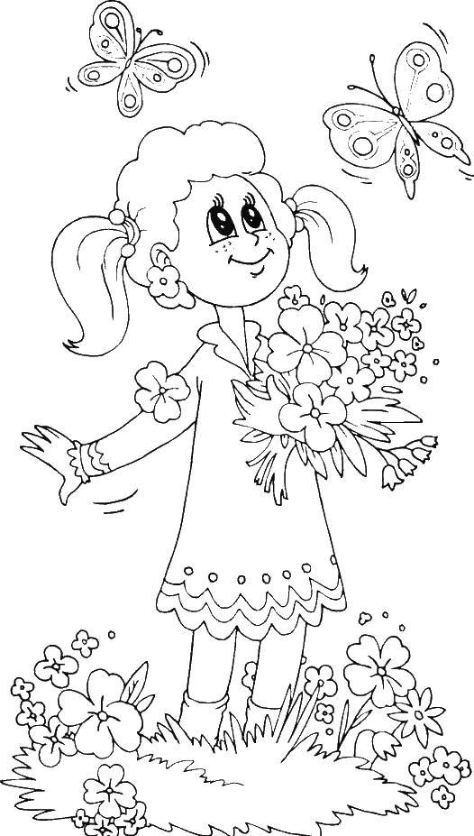 Раскраска с яркими цветами и красивыми бабочками для детей (лето, бабочки)