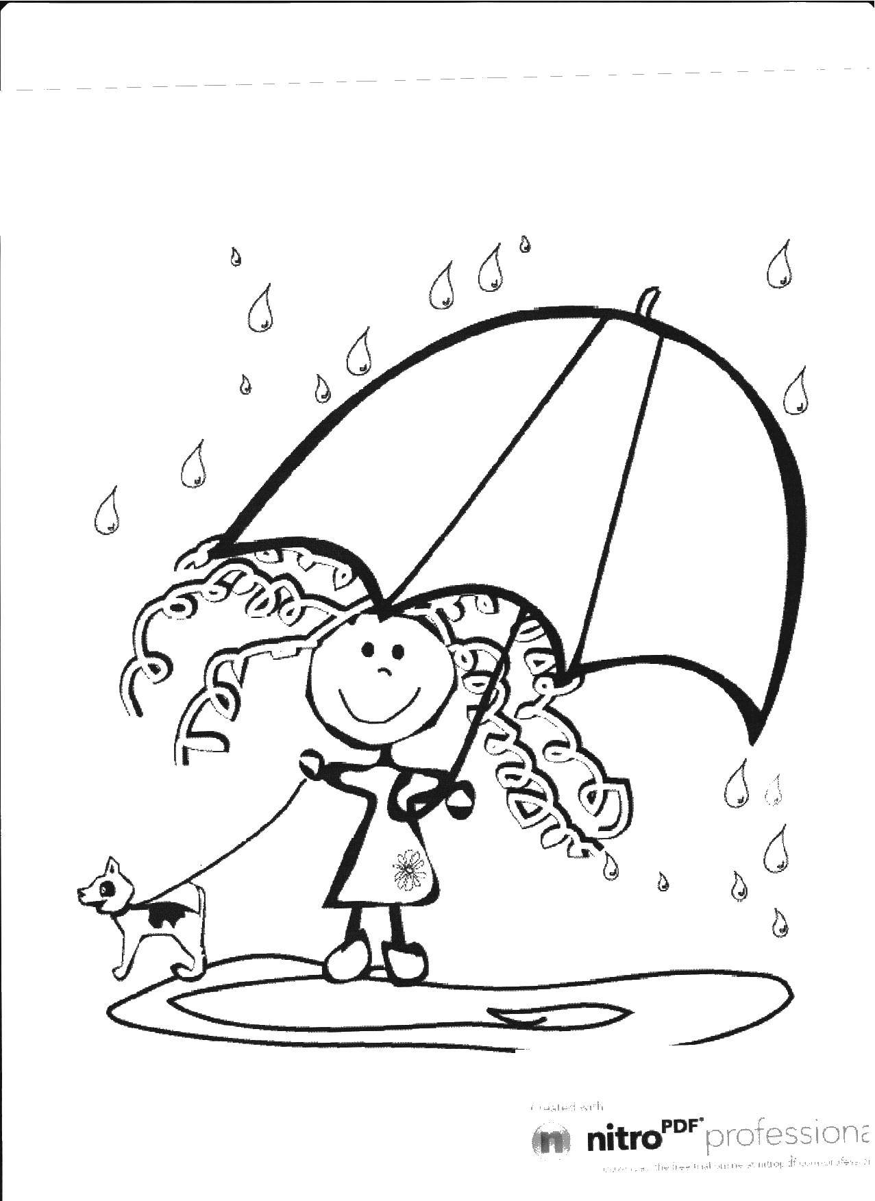 Раскраска дождь зонтик, девочка для детей (дождь, девочка)