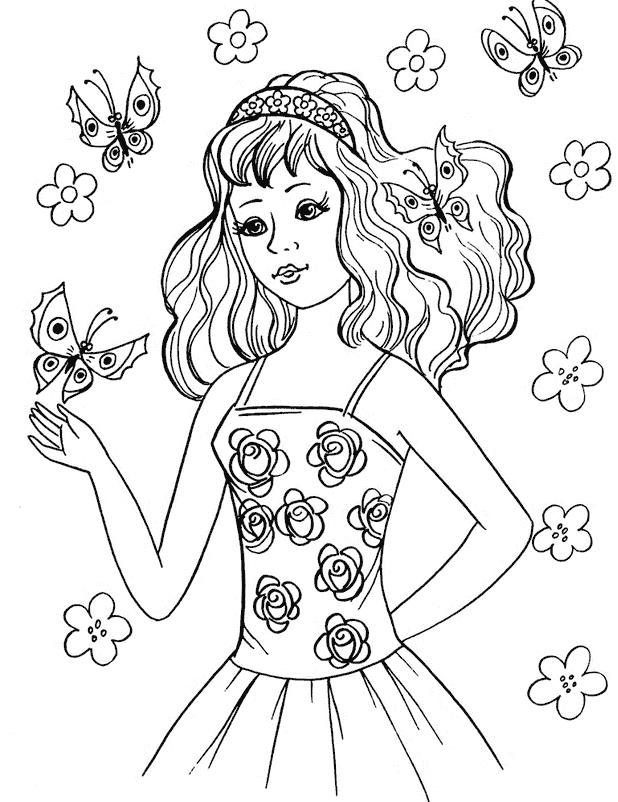 Раскраска для девочки - Девочка в платье с розами среди бабачек (девочка, платье)