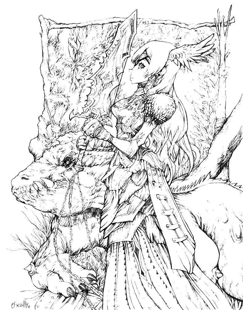 Раскраска с изображением фантастической девушки, эльфа и дракона (девушка, эльф, дракон)