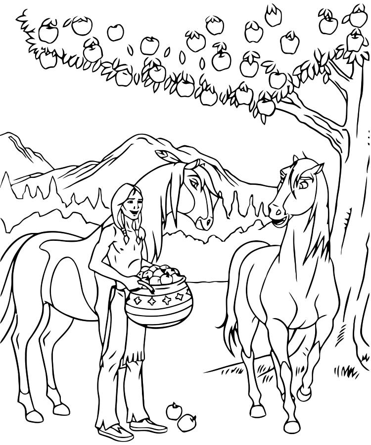 Девушка на лошади возле дерева раскрашивает картинку (дерево)