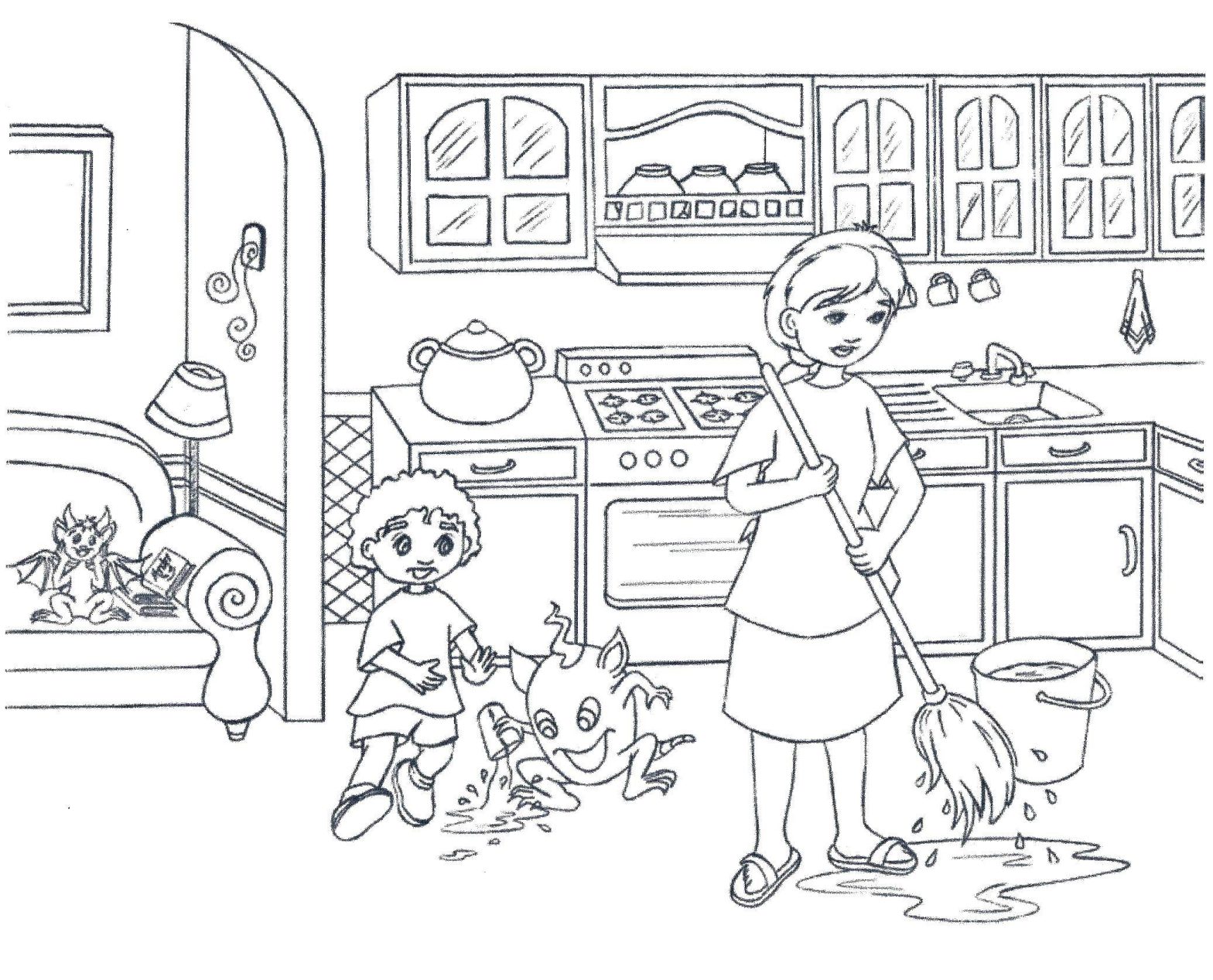 Раскраска Кухня кухня с девушкой и метлой для девочек (метла, девушка)
