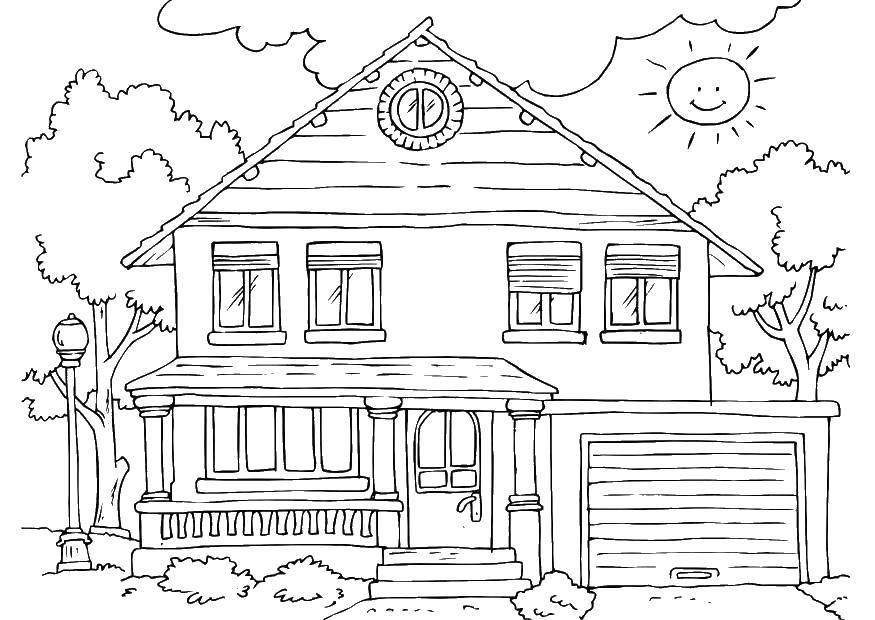 Раскраска дома и солнца для детей (дом, гараж, дерево)