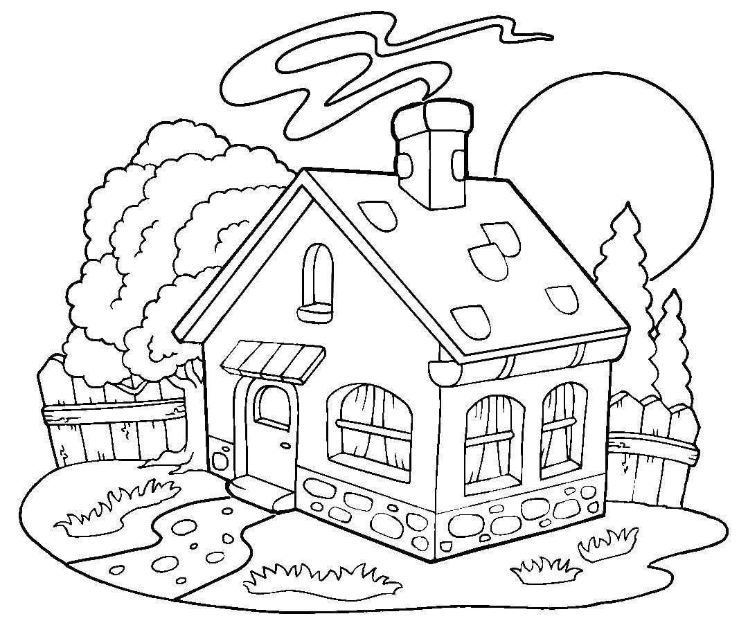 Раскраска дома в деревне с забором, дымом и окнами (окна)