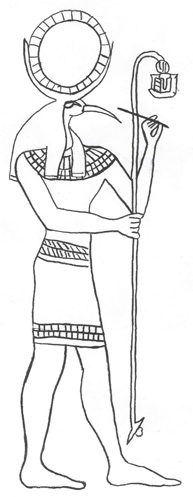 Раскраска древнего мира с богом египта, человеком головой птицы и шаром (боги)