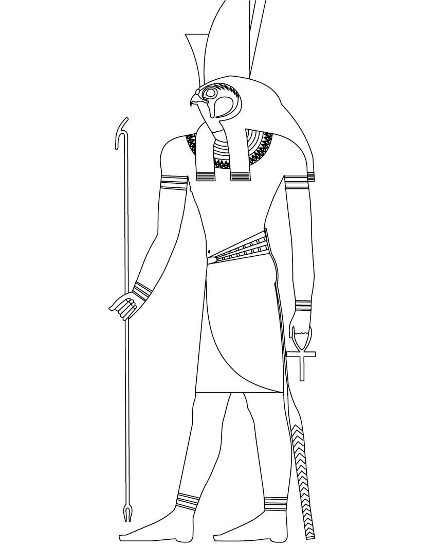 Раскраска древнего мира с человеком головой птицы и богом египта
