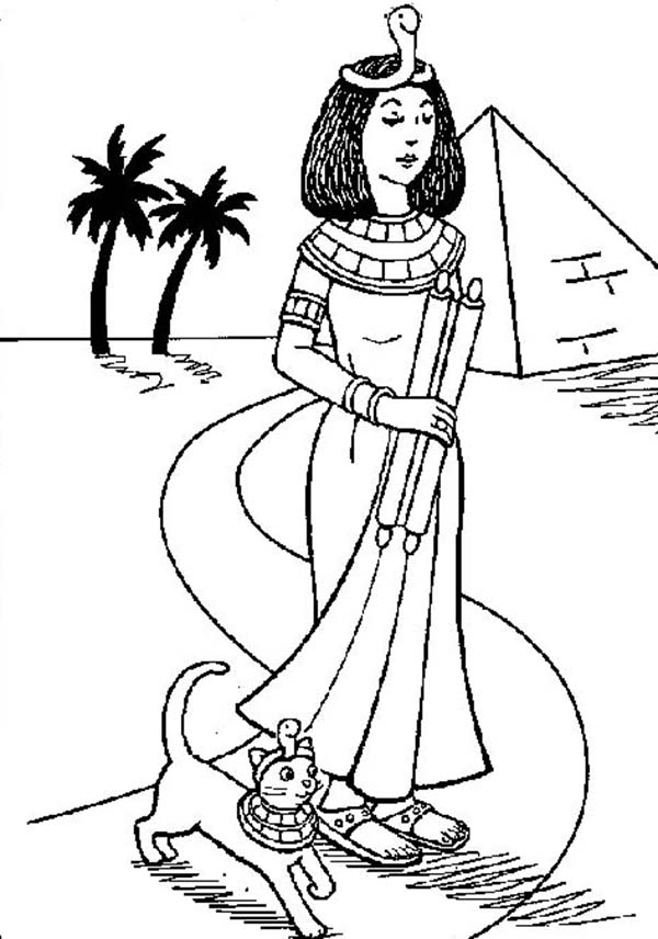Принцесса Египта с кошкой и свитком в руках на фоне пирамид, пальм песка (песок, пустыня)