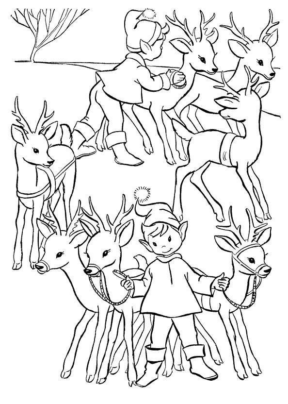 Раскраска эльфов с оленьей упряжкой на тему зима для малышей (эльфы)
