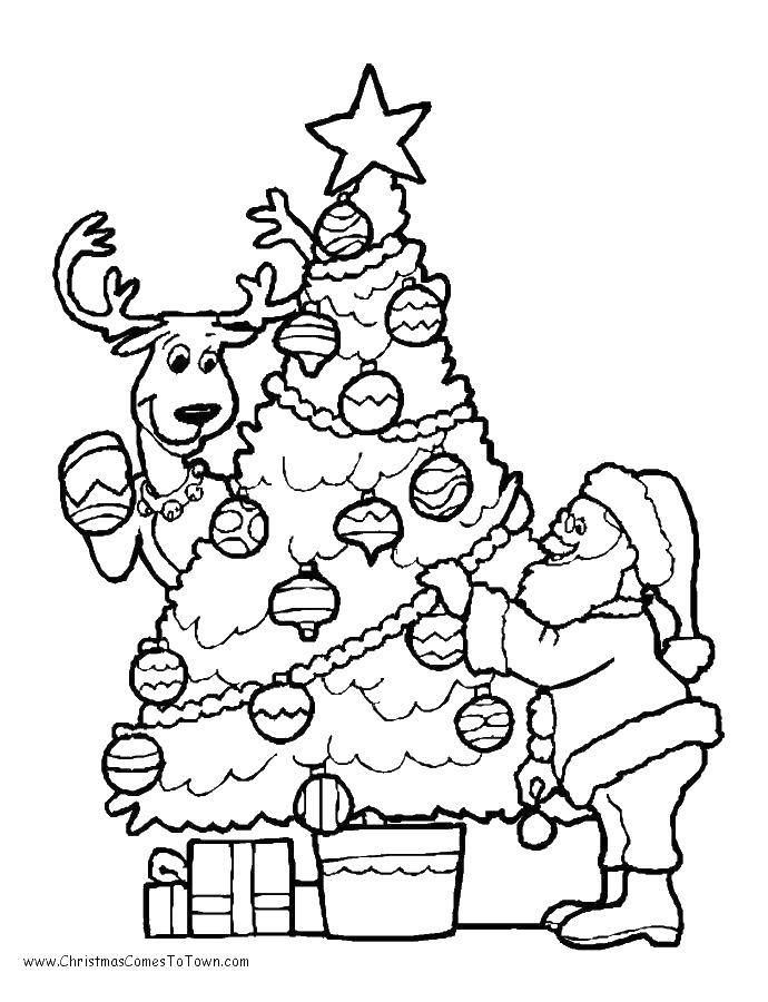 Раскраски на тему Рождества: елка, Дед Мороз, олень, подарки (елка, подарки)