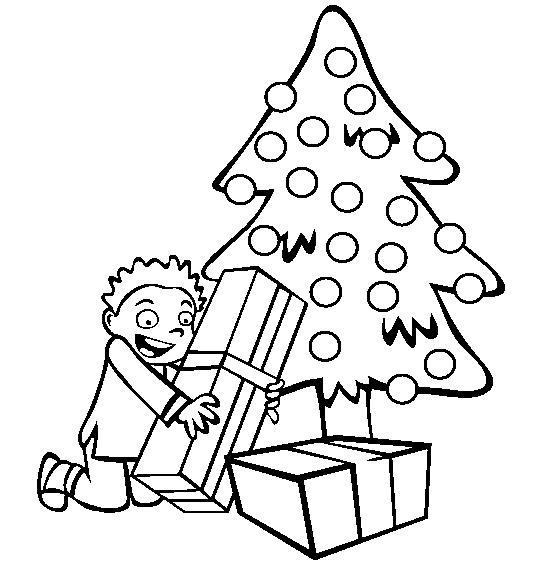 Раскраска зимняя елка с подарками и мальчиком для детского сада (мальчик, елка, развивающие)