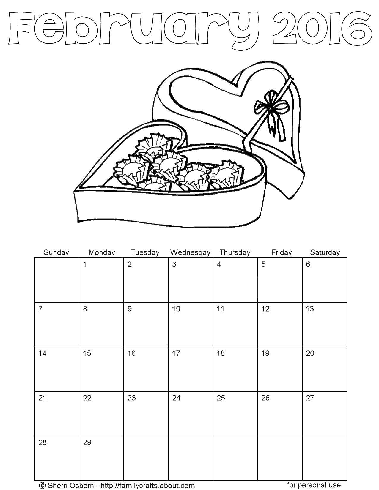 Раскрашенный календарь февраль с конфетами (календарь, февраль, конфеты, развлечение)