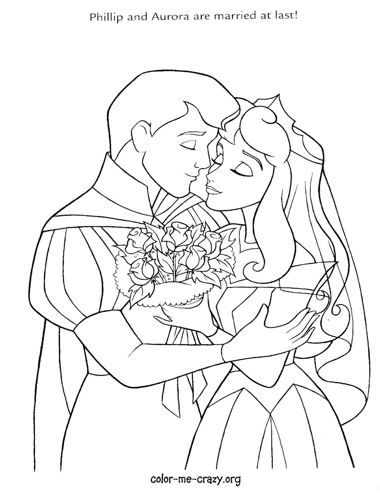 Раскраска на тему свадьбы для девочек: принц, принцесса и Аврора (принцесса, Аврора, девочки, изображения)