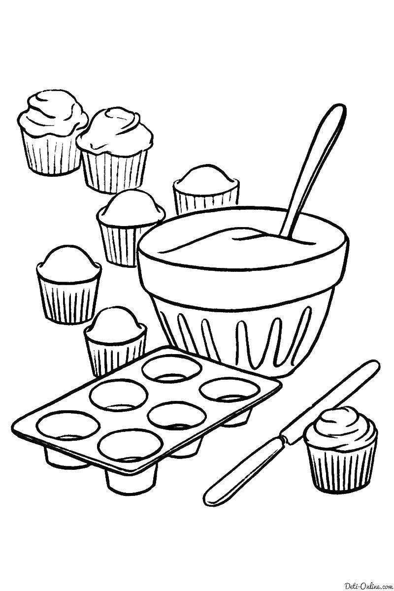 Раскраска сладости кексы (сладости, кексы, тесто, чашка, лож)