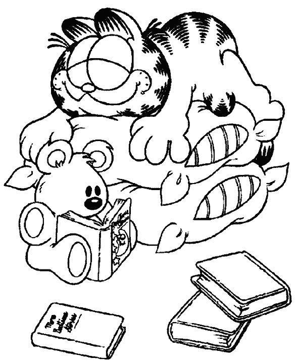 Гарфилд спит на подушках, мишка читает книгу - раскраски для мальчиков (Гарфилд, мишка)