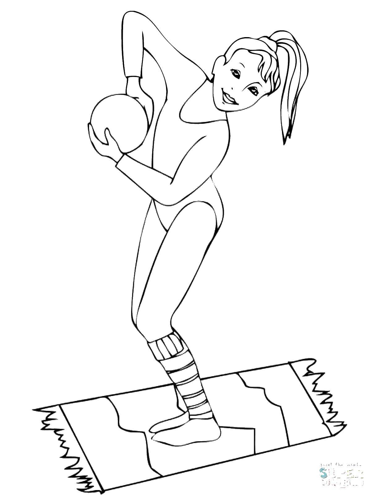 Раскраска с гимнасткой и шаром для девочек (гимнастка, шар)