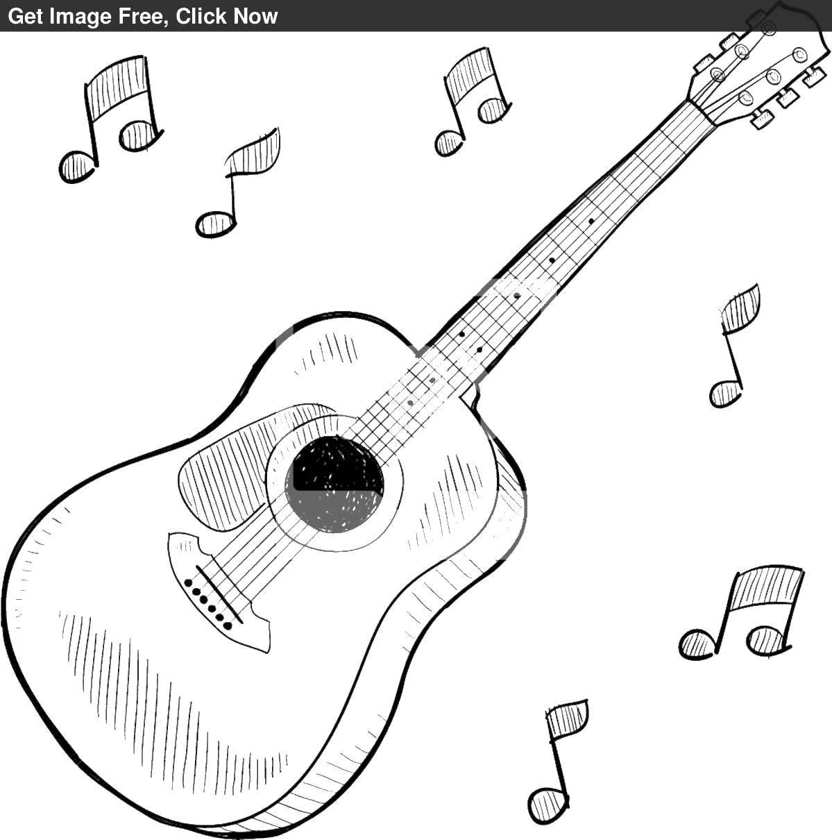Раскраска Электрогитара гитара, струны, ноты для детей (электрогитара, гитара, ноты)