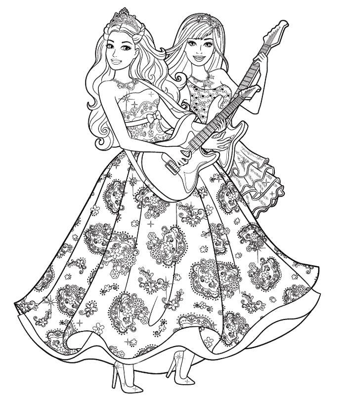 Раскраска Барби в красивом платье и с гитарой (Барби, платье)