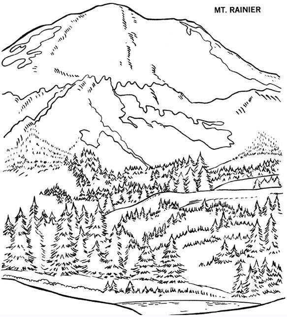 Раскраска для мальчиков: Гора и лес, деревья, елки, озеро (деревья, озеро)