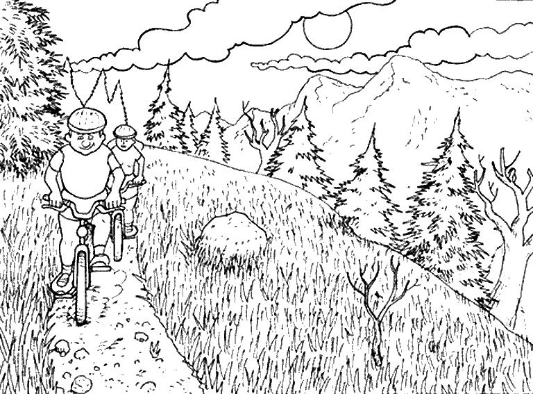 Раскраски для детей мальчиков с изображением гор, горной тропы, велосипедистов, леса и деревьев (дети, лес, деревья)