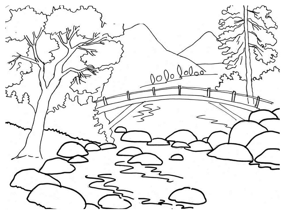 Раскраска горы, мост через реку, деревья, камни для мальчиков (мост, деревья, камни)