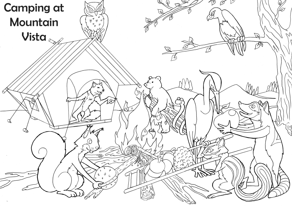 Раскраска для мальчиков: волк в палатке (волк, филин, орел, енот, барсук, белка, медведь, змея)
