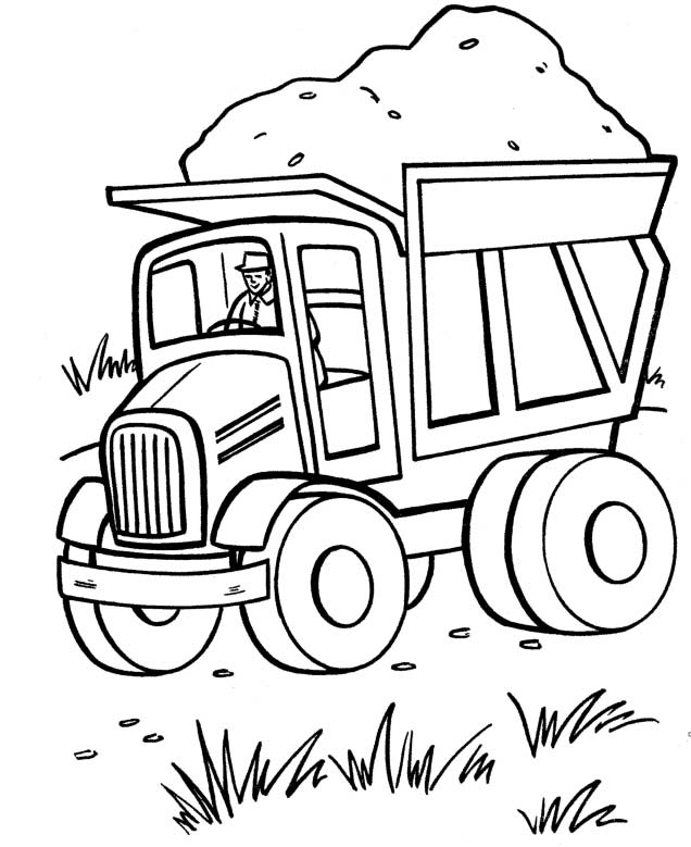 Раскраска грузовика груженого песком с водителем в шляпе для мальчиков (грузовик, водитель)