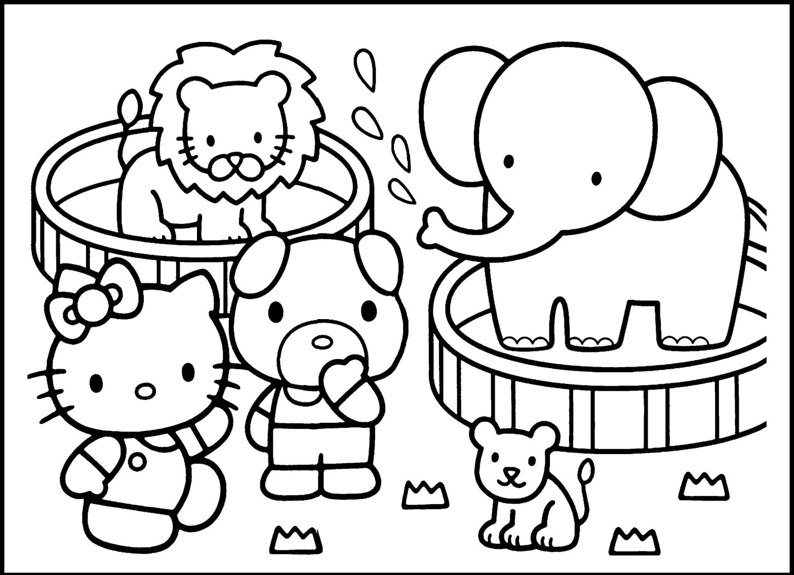 Раскраска зверей из зоопарка Хэллоу Китти для детей (звери, зоопарк)
