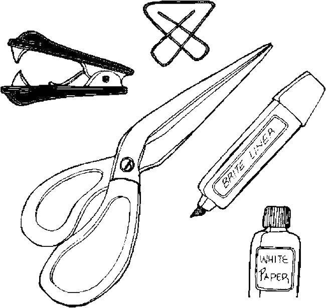 Раскраска на тему школьных принадлежностей: ножницы, маркер, степлер (степлер)