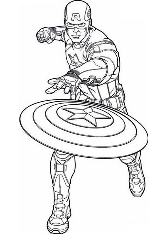 Раскраска Капитана Америки для мальчиков, где он кидает свой щит (щит)