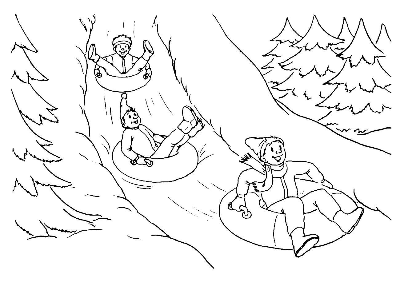 Раскраска с изображением мальчика на санках катится горы (катание)